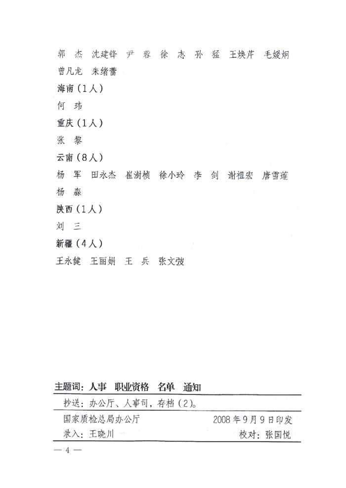 國家質量監(jiān)督檢驗檢疫總局《關于公布2008年度珠寶玉石質量檢驗師執(zhí)業(yè)資格考試合格人員名單的通知》